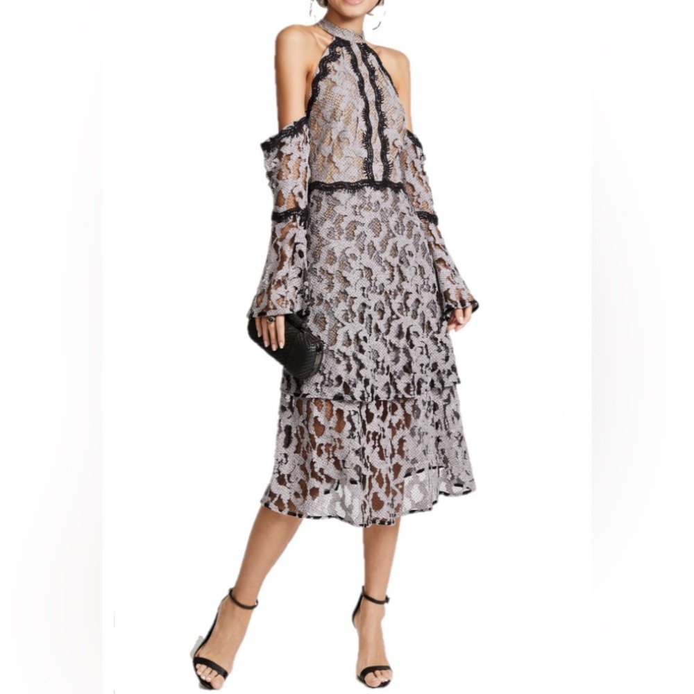 La Maison Talulah tiered bell sleeve off the shoulder midi dress